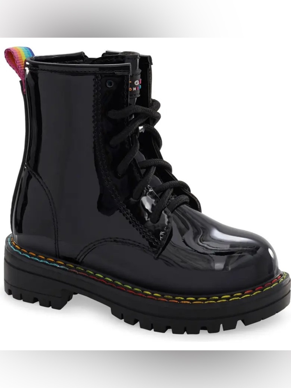 Kurt Geiger London Kids Mini Birdie Black Patent & Rainbow Combat Boots Size 10C